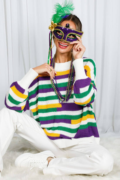 Color Block Striped Mardi Gras Crochet Knit Sweater