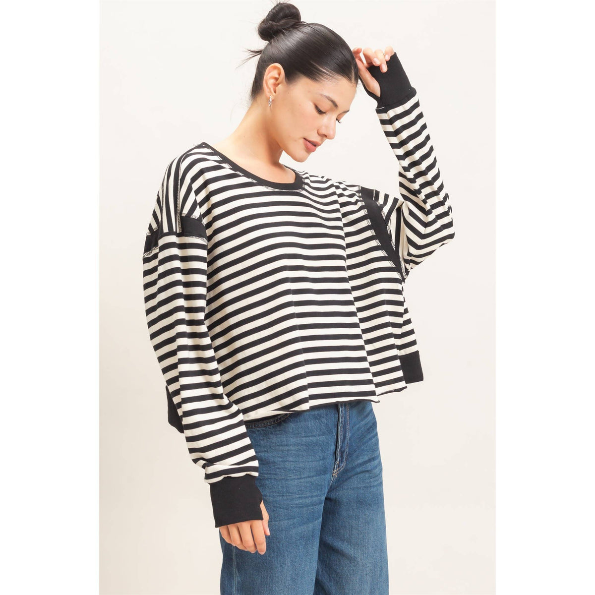 Striped Open Back Long Sleeve Top