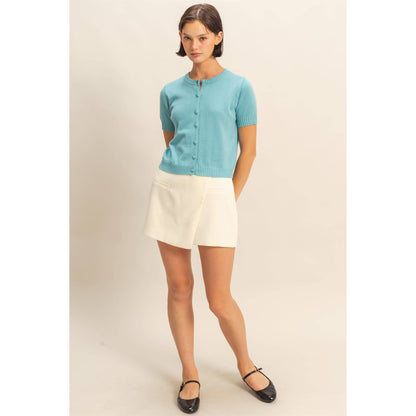 Crew Neck Short Sleeve  Buttoned Cardigan