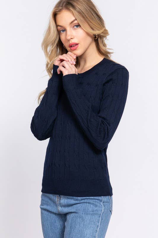 Purple Round Neck Cable Sweater