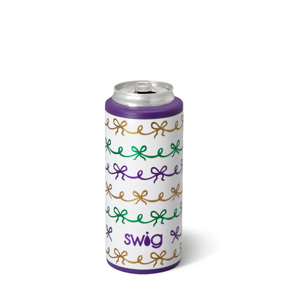 Swig MARDI GRAS BOWS Skinny Can Cooler 12 Oz