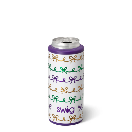 Swig MARDI GRAS BOWS Skinny Can Cooler 12 Oz