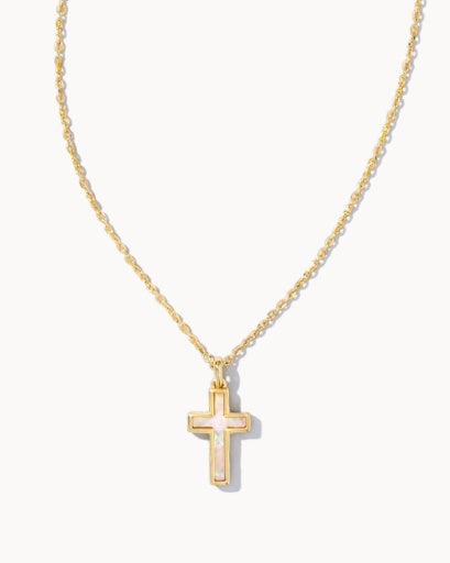 CROSS PENDANT NECKLACE - GOLD WHITE OPAL