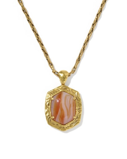TIGER STRIPED DAPHNE SMALL LONG PENDANT NECKLACE - VINTAGE GOLD ORANGE BANDED AGATE