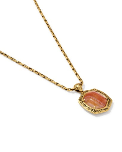 TIGER STRIPED DAPHNE SMALL LONG PENDANT NECKLACE - VINTAGE GOLD ORANGE BANDED AGATE