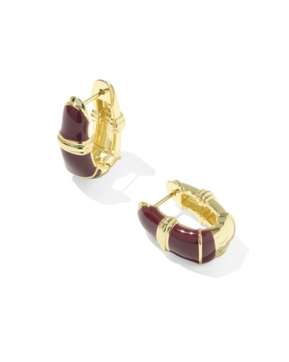 COURTNEY ENAMEL HUGGIE EARRINGS - GOLD BURGUNDY ENAMEL