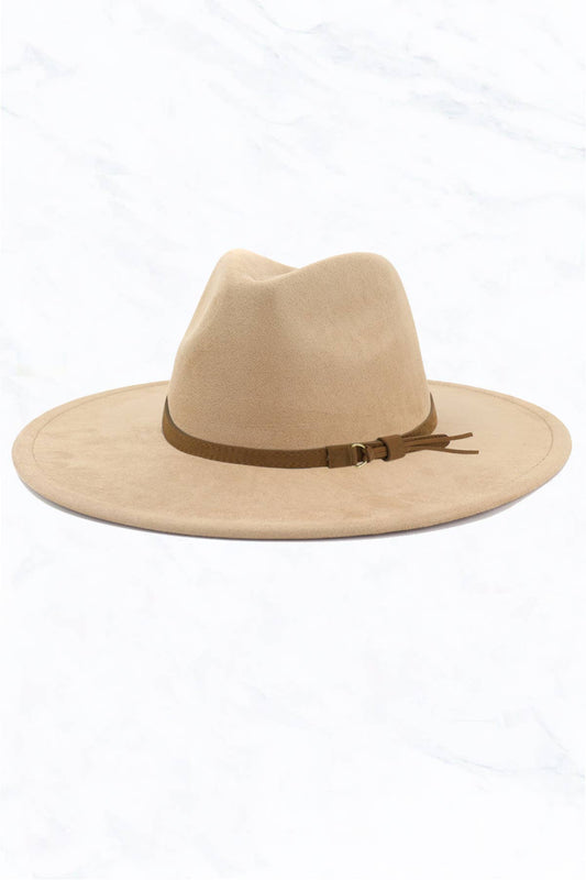 Suede Large Eaves Peach Top Fedora Hat with Leather Belt