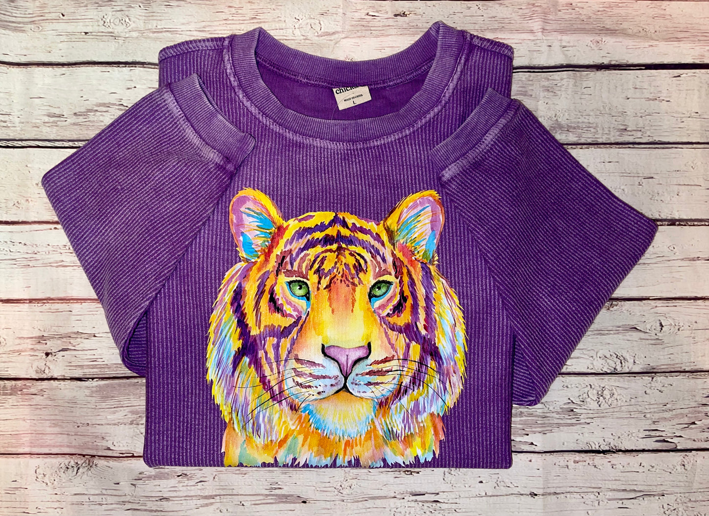 Watercolor Tiger Purple Corded Crew