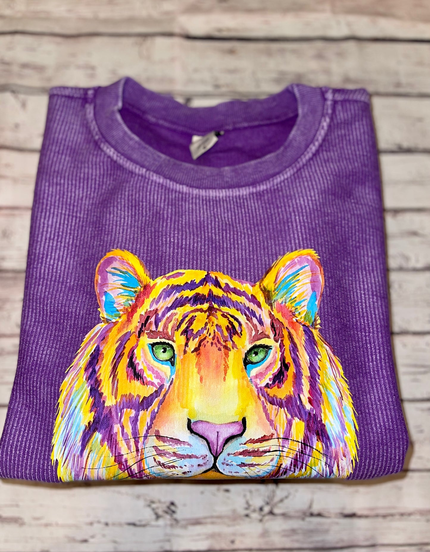 Watercolor Tiger Purple Corded Crew