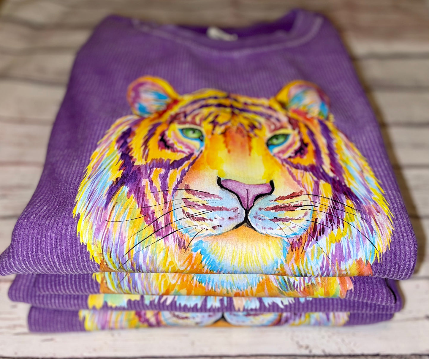 Watercolor Tiger Purple Corded Crew
